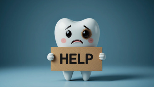 Worried cartoon tooth character with a cavity holding a cardboard HELP sign
