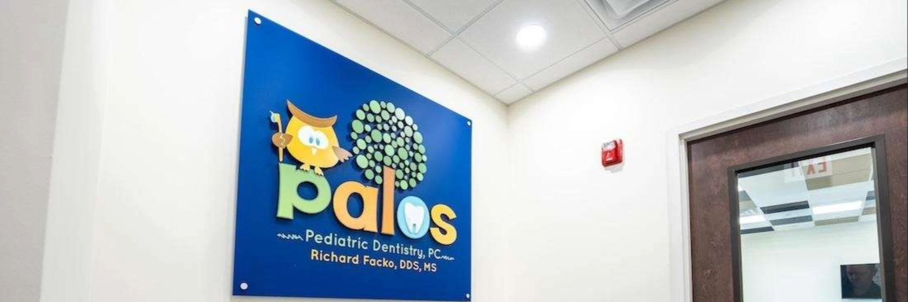 Palos Pediatric Dentistry PC office sign featuring a friendly owl mascot, Dr. Richard Facko